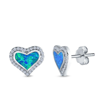 Halo Heart Stud Earrings Lab Created Blue Opal Simulated CZ 925 Sterling Silver(12mm)